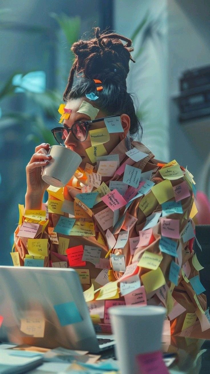 Persona tomando café cubierta de post-its